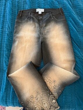 Women's Brown Fade Flare Jeans with Embroidered Hem